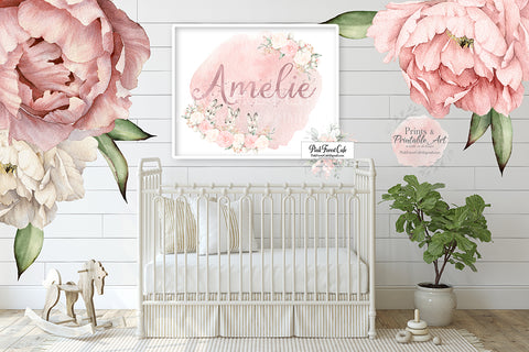 Personalized Baby Name Boho Bunny Rabbit Wall Art Print Woodland Blush Cream Nursery Baby Girl Room Floral Bohemian Watercolor Rose Gold Printable Decor