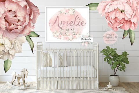 Personalized Baby Name Boho Bunny Rabbit Wall Art Print Woodland Blush Cream Nursery Baby Girl Room Floral Bohemian Watercolor Rose Gold Printable Decor