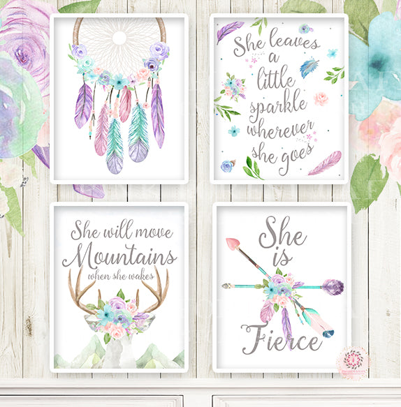 4 Boho Nursery Wall Art Print Purple Mint Dreamcatcher Arrow Baby Watercolor She Is Fierce Floral Girl Room Prints Bohemian Printable Decor