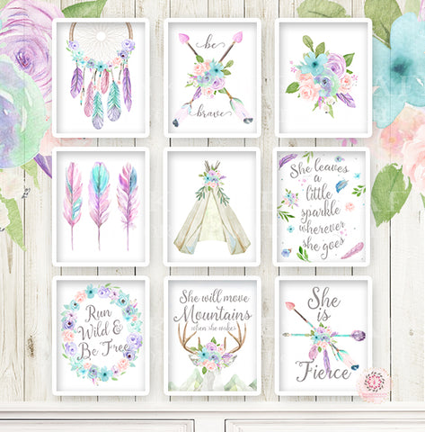 9 Boho Nursery Wall Art Print Teepee Purple Pink Dreamcatcher Feathers Arrow Baby Watercolor Floral Girl Room Prints Bohemian Printable Decor