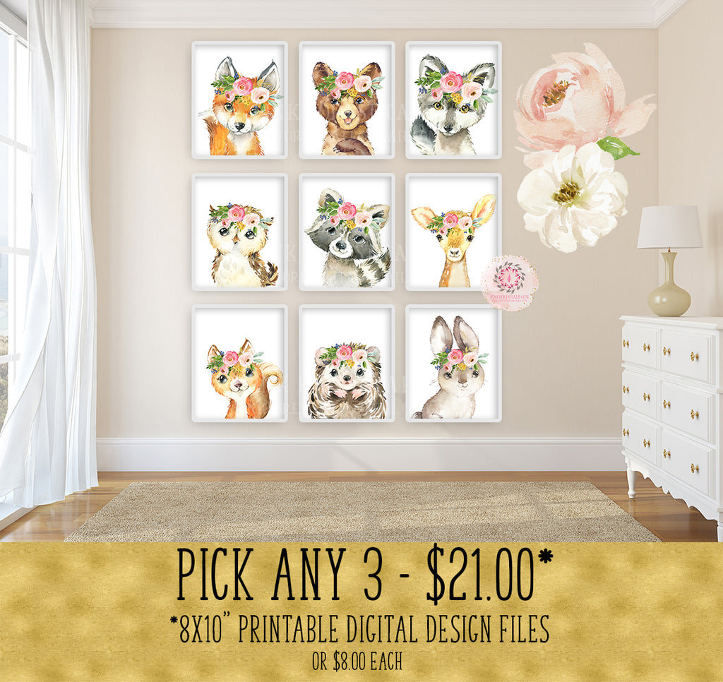 3 - Choose From 9 Boho Fox Bear Deer Bunny Wall Art Print Woodland Floral Nursery Baby Girl Room Hedgehog Wolf Squirrel Owl Raccoon Blush Floral Bohemian Watercolor Set Prints Printable Decor