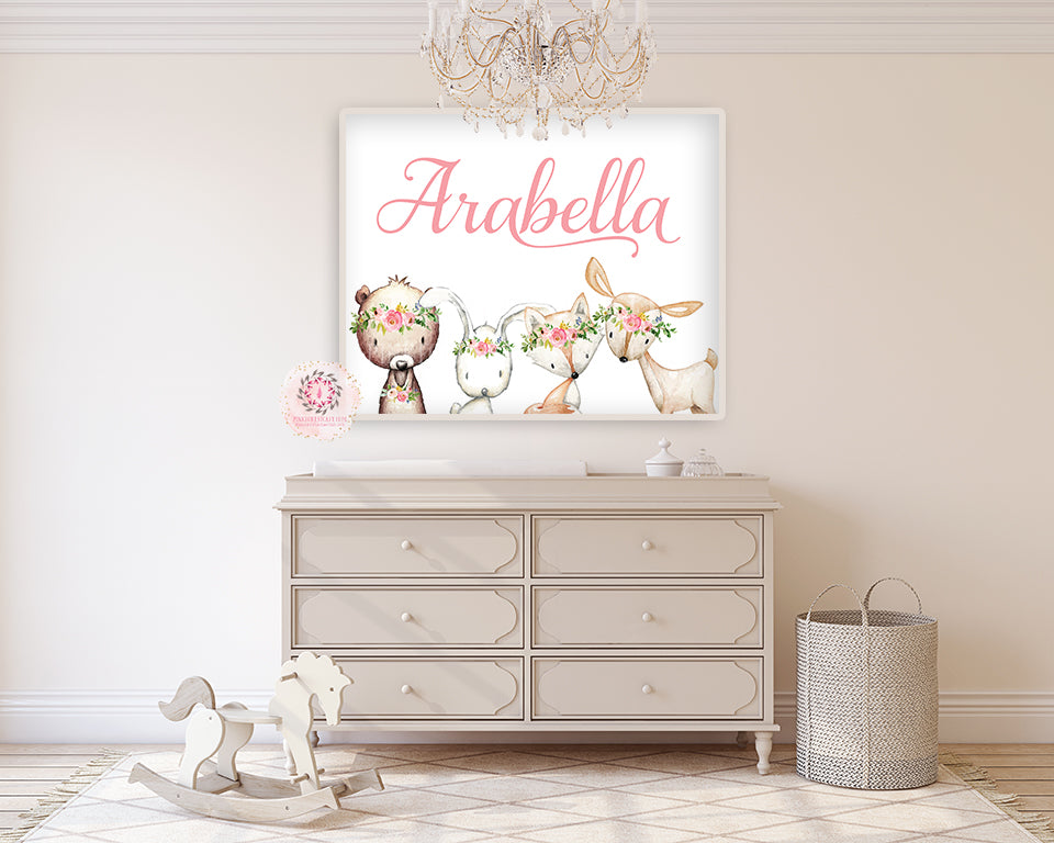 Woodland Animals Wall Art Personallized Print Boho Deer Bunny Fox Bear Baby Name Girl Nursery Bohemian Watercolor Printable Decor