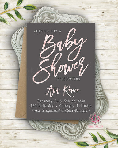 Modern Blush Baby Bridal Shower Invite Invitation Wedding Save The Date Rose Gold Gray White Bridal Shower Urban Watercolor Printable Announcement