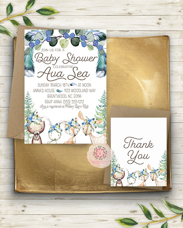 Boy Woodland Deer Bear Bunny Fox Invite Invitation Baby Shower Thank You Card Boho Blue Navy Feather Arrow Watercolor Birth Announcement Printable