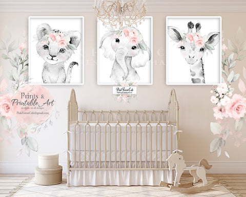 SALE 3 Lion Elephant Giraffe Wall Art Print Boho Blush Peony Baby Girl Nursery Room Floral Bohemian Watercolor Printable Decor