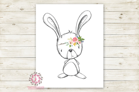 Bunny Rabbit Woodland Animal Boho Wall Art Print Bohemian Garden Floral Nursery Baby Girl Room Playroom Prints Printable Home Decor