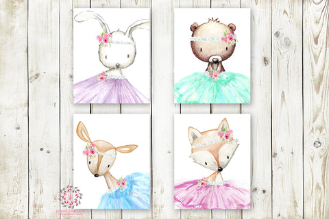 Deer Bear Bunny Rabbit Fox Ballerina TuTu Wall Art Print Set Woodland Boho Bohemian Floral Nursery Baby Girl Room Prints Printable Decor