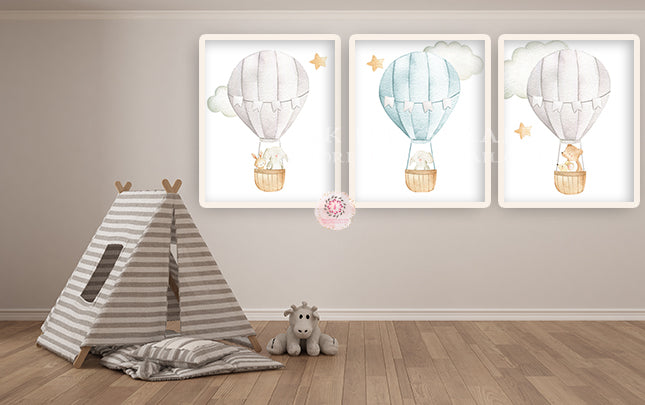 3 Bunny Rabbit Elephant Bear Wall Art Print Hot Air Balloon Nursery Baby Boy Room Watercolor Set Prints Printable Decor