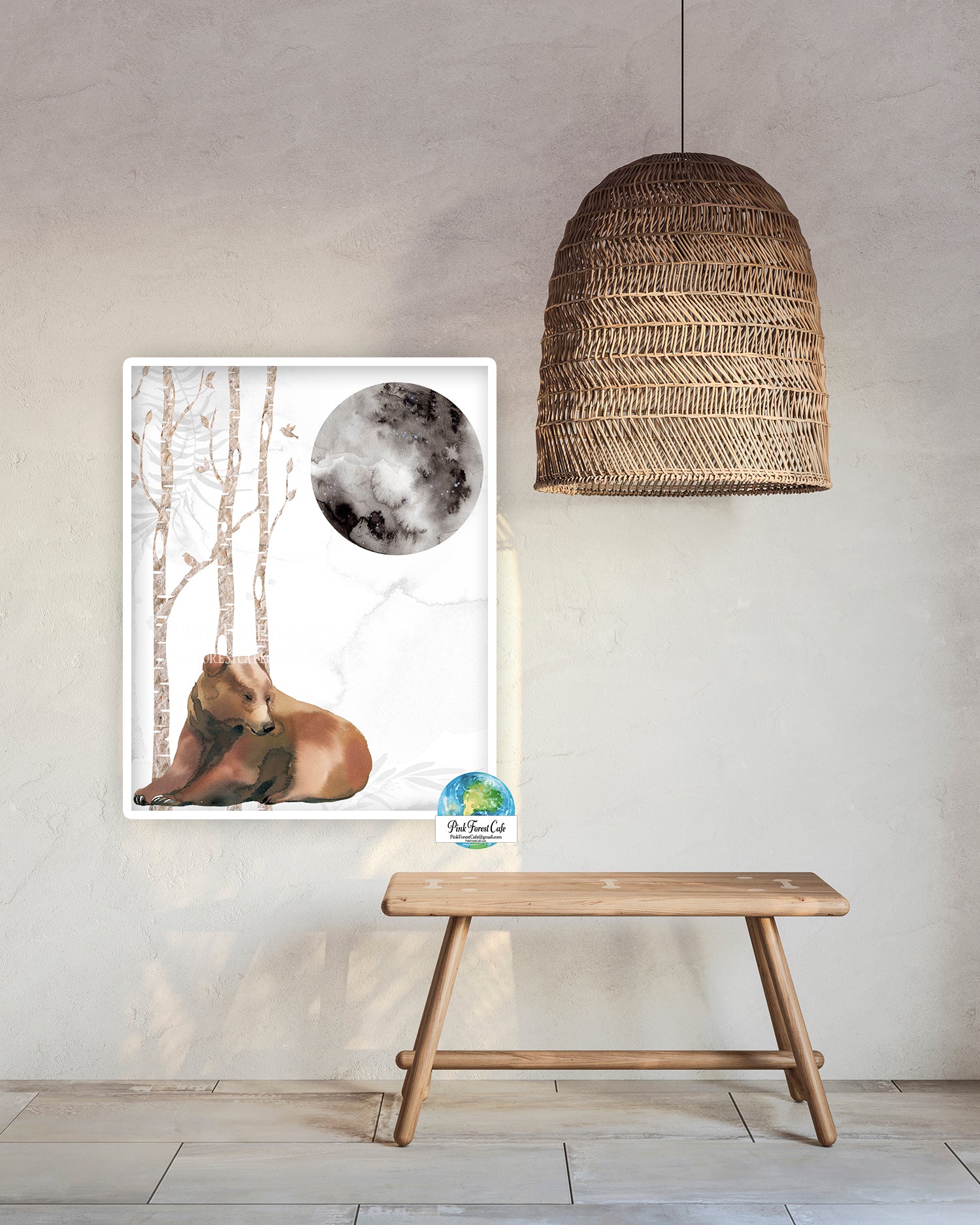 Bear Moon Birch Trees Wall Art Print Woodland Boy Nursery Printable Décor