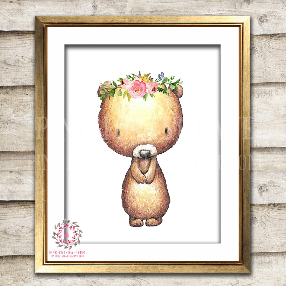 Boho Bohemian Bear Woodland Printable Wall Art Print Garden Floral Nursery Baby Girl Room Decor