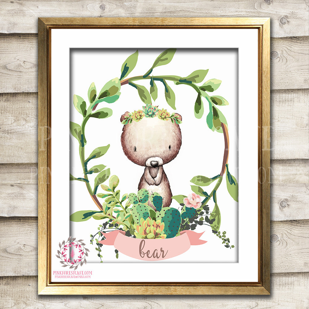 Boho Cactus Succulent Woodland Bear Bohemian Nursery Baby Girl Room Printable Print Wall Art Home Decor