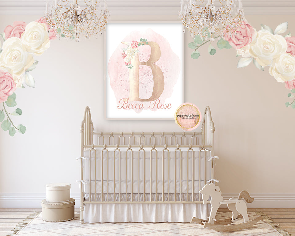 Boho Wall Art Print Blush Pink Cream Baby Girl Nursery Name Initial Personalized Whimsical Watercolor Printable Decor