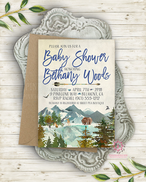 Woodland Invite Invitation Invite Baby Shower Birthday Party Deer Bear Fox Watercolor Feathers Arrow Rustic Printable