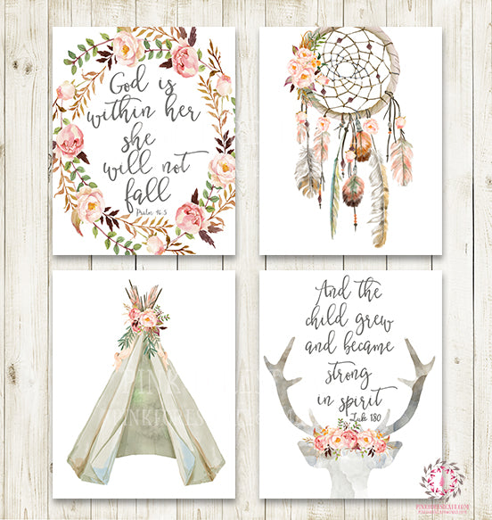 4 Boho Teepee Bible Verse Wall Art Print Woodland Bohemian Floral Nursery Baby Girl Room Set Lot Prints Dreamcatcher Deer Antlers Printable Decor