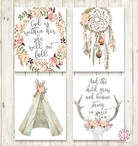 4 Boho Teepee Bible Verse Wall Art Print Woodland Bohemian Floral Nursery Baby Girl Room Set Lot Prints Dreamcatcher Deer Antlers Printable Decor