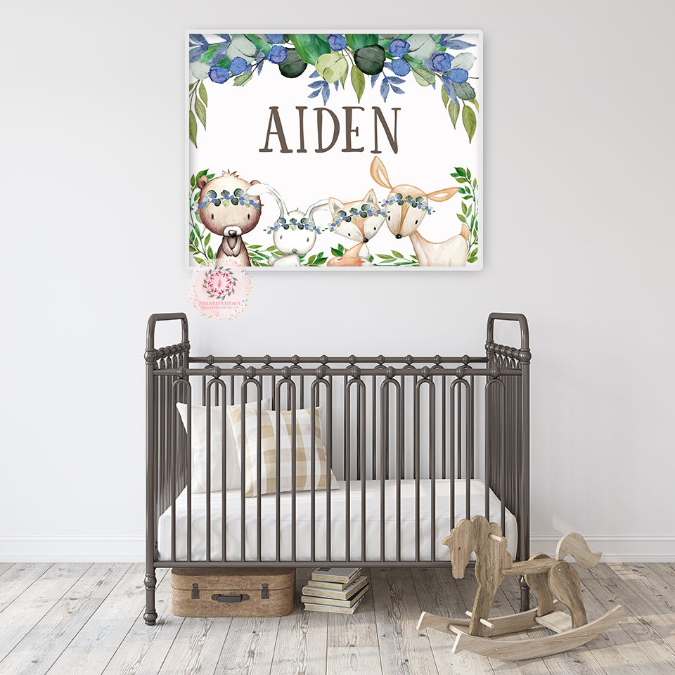 Woodland Deer Fox Baby Name Wall Art Print Nursery Baby Boy Room Watercolor Personalized Printable Decor