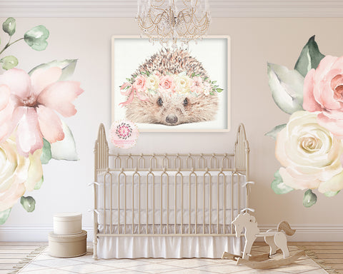 Boho Blush Floral Hedgehog Woodland Wall Art Print Nursery Baby Girl Bohemian Room Printable Decor