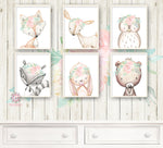 6 Deer Fox Bunny Rabbit Bear Wall Art Print Owl Raccoon Boho Woodland Mint Blush Pink Bohemian Floral Nursery Baby Girl Room Set Lot Prints Printable Decor