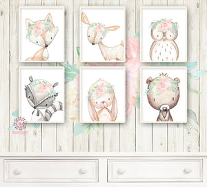 6 Deer Fox Bunny Rabbit Bear Wall Art Print Owl Raccoon Boho Woodland Mint Blush Pink Bohemian Floral Nursery Baby Girl Room Set Lot Prints Printable Decor