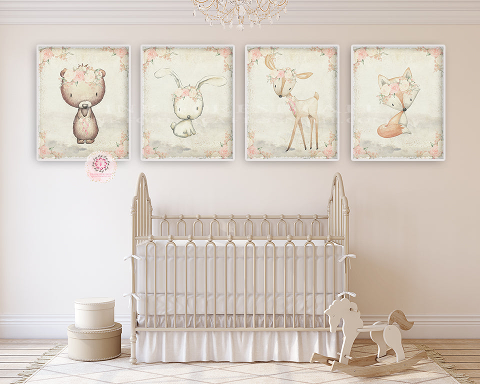 4 Deer Fox Bunny Rabbit Bear Nursery Wall Art Print Woodland Boho Bohemian Peaches Cream Blush Floral Baby Girl Room Set Lot Prints Printable Decor