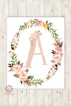 Boho Baby Monogram Initial Personalized Wall Art Print Initials Birth Announcement Gift Watercolor Woodland Floral Rustic Baby Nursery Home Printable Decor