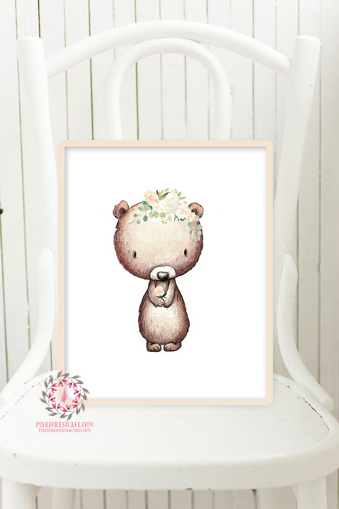 Boho Bear Blush Printable Print Wall Art  Woodland Nursery Baby Girl Room Bohemian Floral Decor