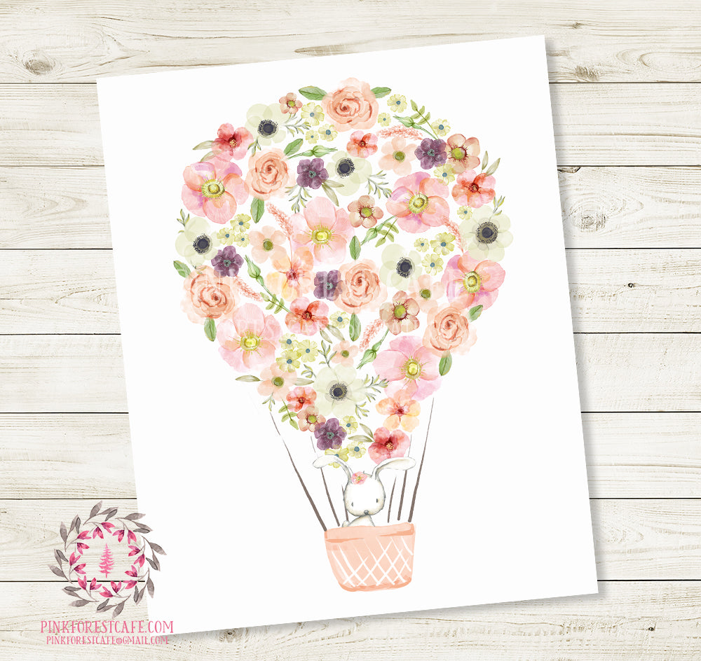 Boho Bunny Rabbit Hot Air Balloon Wall Art Print Nursery Baby Girl Room Watercolor Floral Woodland Bohemian Printable Decor