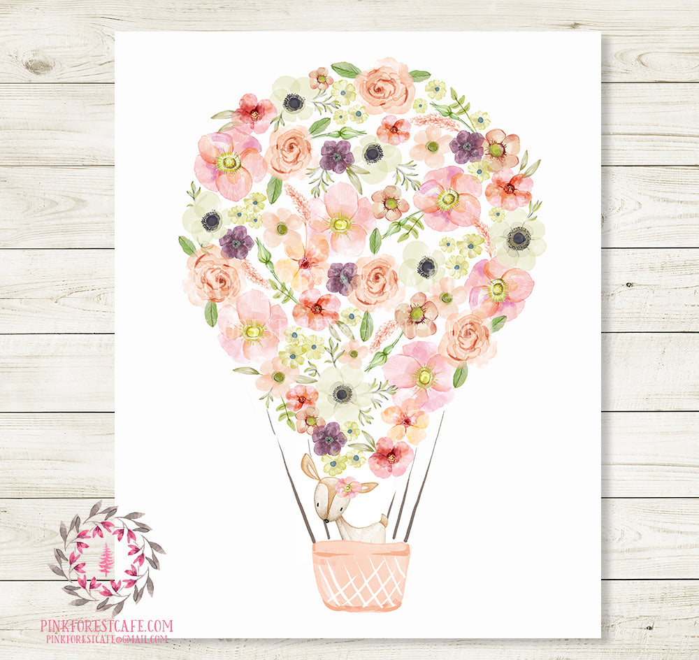 Boho Deer Hot Air Balloon Wall Art Print Nursery Baby Girl Room Watercolor Floral Woodland Bohemian Printable Decor