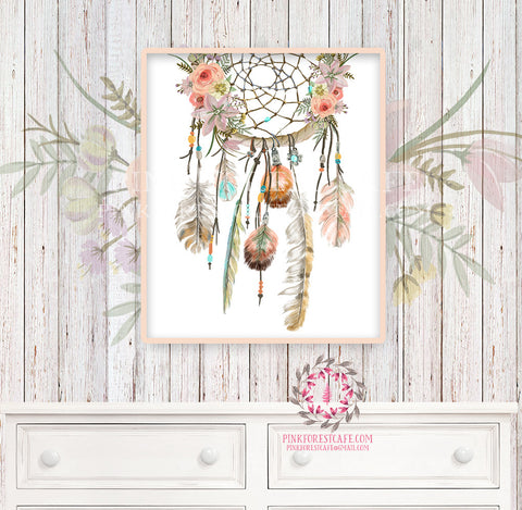 Boho Dreamcatcher Nursery Print Wall Art Watercolor Floral Feather Tribal Woodland Rustic Baby Girl Room Printable Bohemian Decor