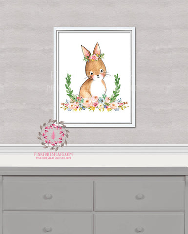 Bunny Rabbit Woodland Boho Bohemian Garden Floral Nursery Baby Girl Room Printable Print Wall Decor