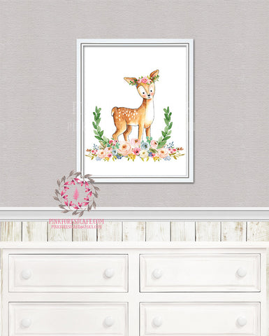 Deer Woodland Boho Bohemian Garden Floral Nursery Baby Girl Room Printable Print Wall Decor