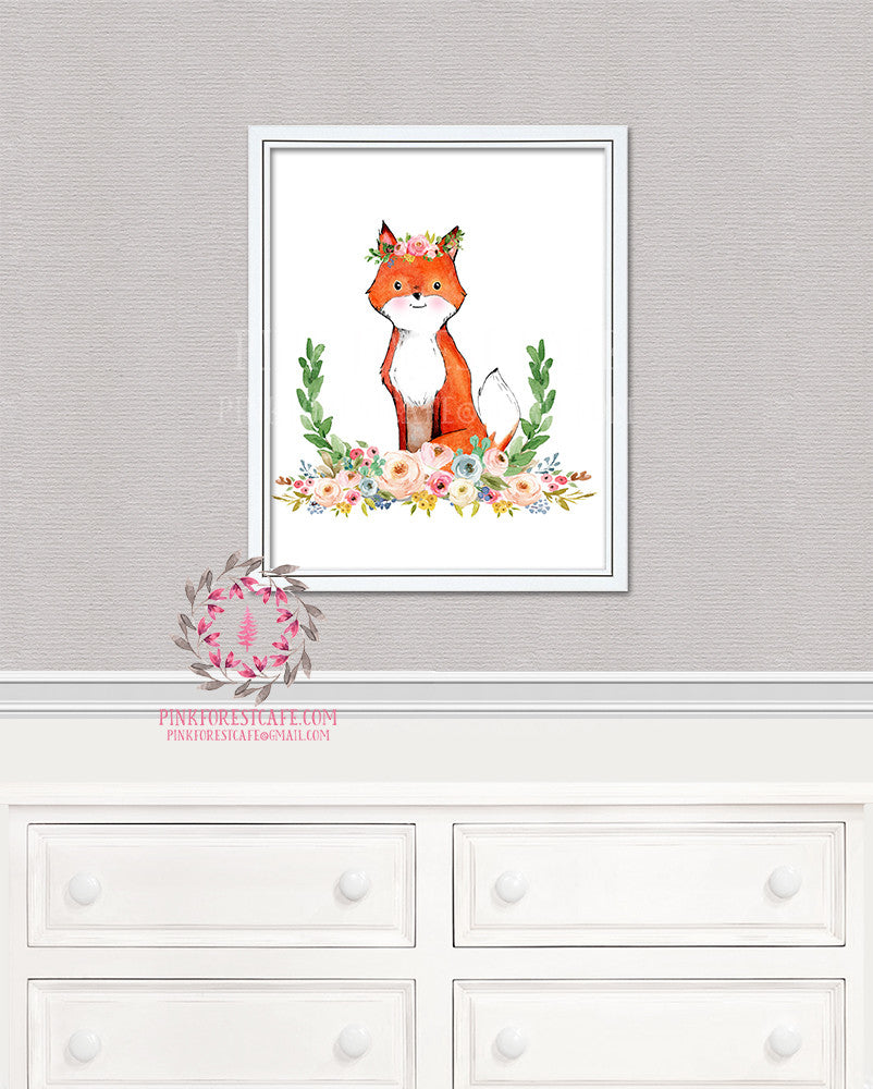 Fox Woodland Boho Bohemian Garden Floral Nursery Baby Girl Room Printable Print Wall Decor