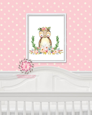 Owl Woodland Boho Bohemian Garden Floral Nursery Baby Girl Room Printable Print Wall Decor