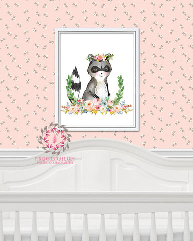 Raccoon Woodland Boho Bohemian Garden Floral Nursery Baby Girl Room Printable Print Wall Decor