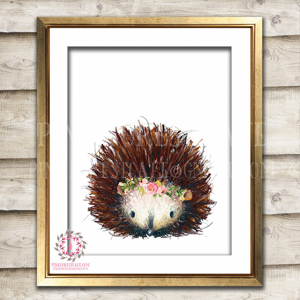 Boho Hedgehog Woodland Bohemian Floral Nursery Baby Girl Room Printable Print Wall Art Decor