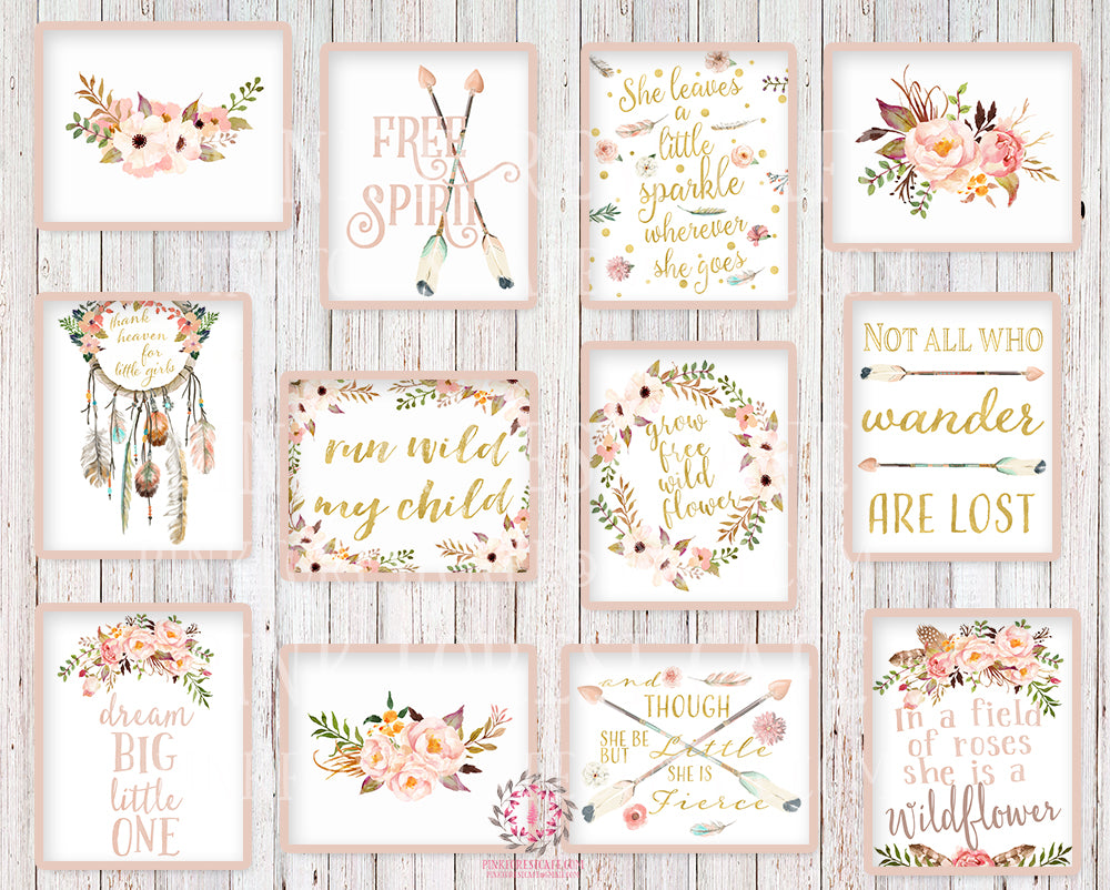 Lot of 12 Boho Wall Art Prints She Is Fierce Nursery Baby Girl Room Set Prints Printable Bohemian Print Woodland Home Decor