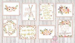 Lot of 8 Boho Wall Art Prints Woodland Nursery Baby Girl Room Set Prints Printable Run Wild My Child She Is A Wildflower Bohemian Print Woodland Home Decor