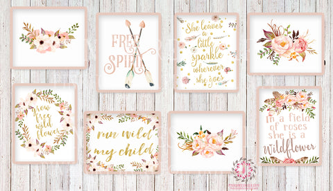 Lot of 8 Boho Wall Art Prints Woodland Nursery Baby Girl Room Set Prints Printable Run Wild My Child She Is A Wildflower Bohemian Print Woodland Home Decor