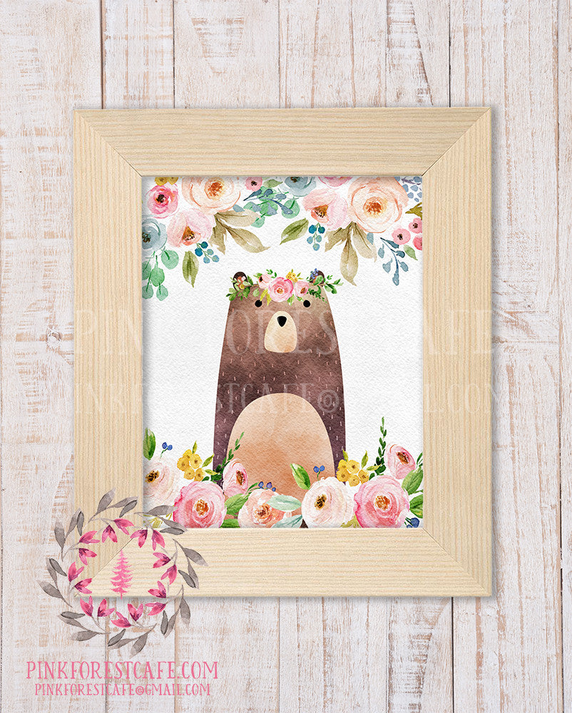 Boho Floral Bear Woodland Printable Print Wall Art Watercolor Baby Nursery Home Decor