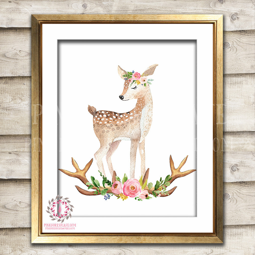 Deer Woodland Boho Antlers Print Printable Wall Art Bohemian Garden Floral Nursery Baby Girl Room Playroom Decor