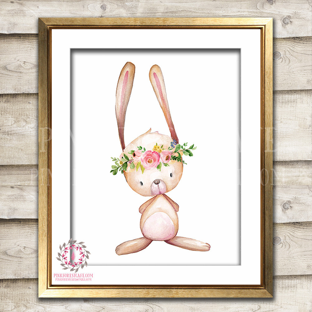 Boho Bunny Rabbit Woodland Bohemian Floral Nursery Baby Girl Room Printable Print Wall Art Decor