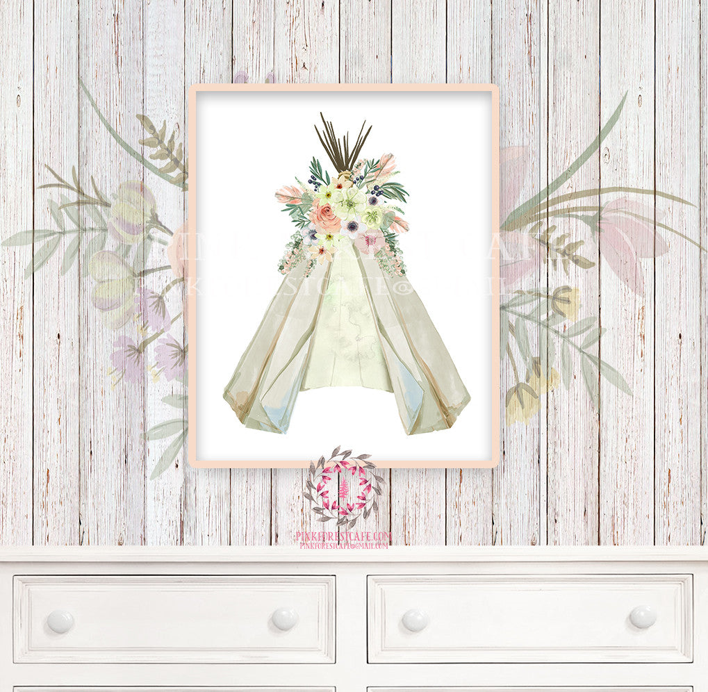 Boho Nursery Print Wall Art Watercolor Teepee Floral Tribal Woodland Rustic Baby Girl Room Printable Bohemian Decor