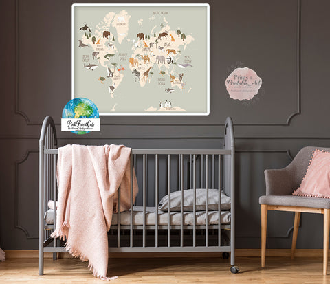 World Map Zoo Animal Wall Art Print Pink Baby Boy Nursery Room Printable Decor