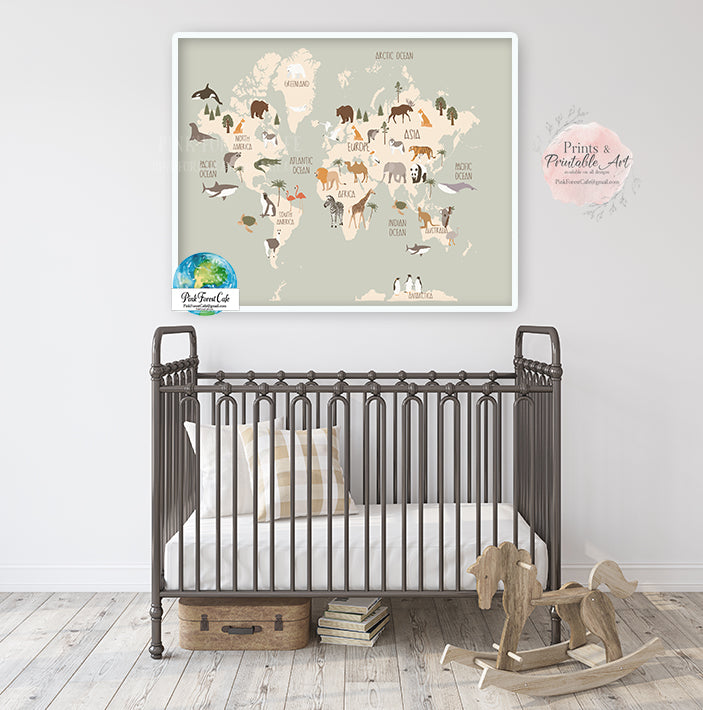 World Map Zoo Animal Wall Art Print Pink Baby Boy Nursery Room Printable Decor