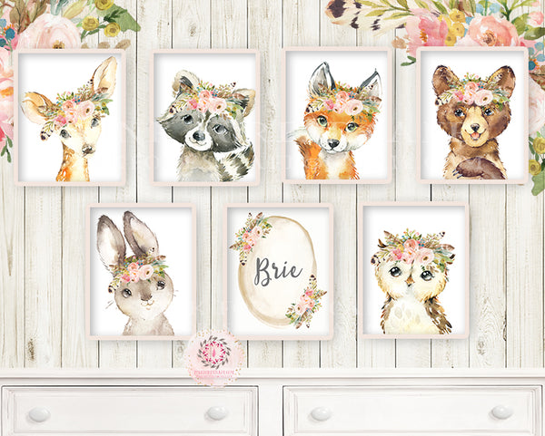 7 Boho Fox Bear Deer Bunny Wall Art Print Name Personalized Woodland F ...