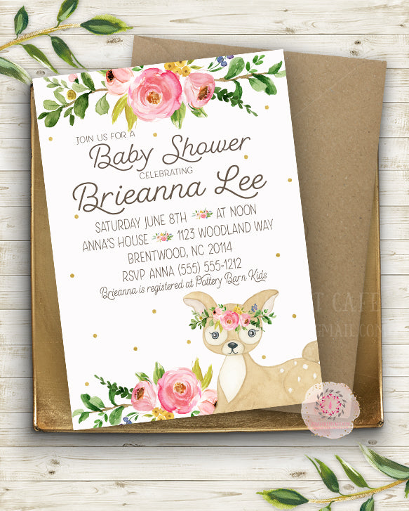 Woodland Deer Invite Invitation Baby Shower Boho Floral Watercolor Birth Announcement Printable