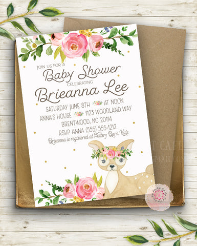 Woodland Deer Invite Invitation Baby Shower Boho Floral Watercolor Birth Announcement Printable