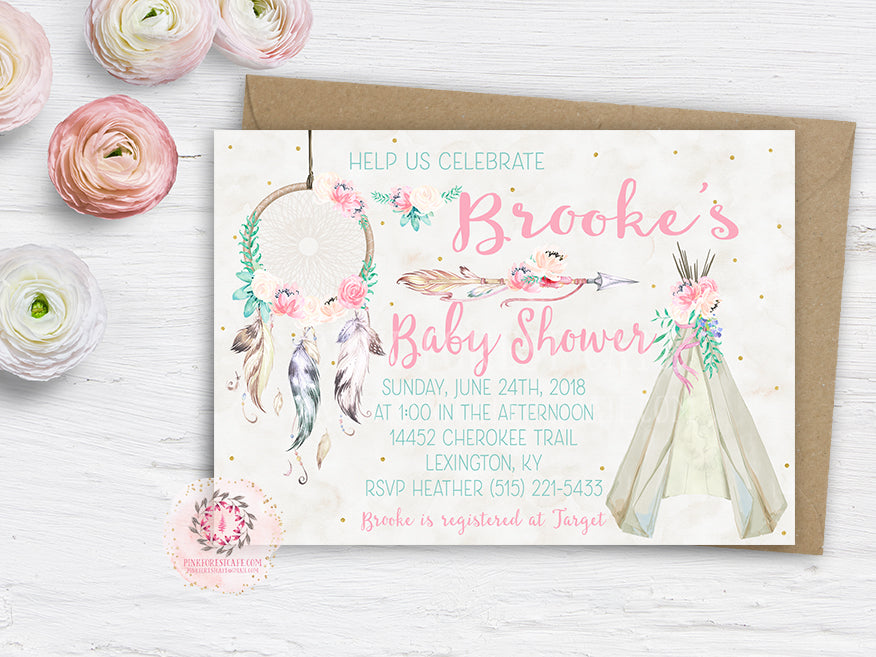 Teepee Dreamcatcher Invite Invitation Tribal Theme Arrow Baby Bridal Shower Wedding Birthday Party Watercolor Printable