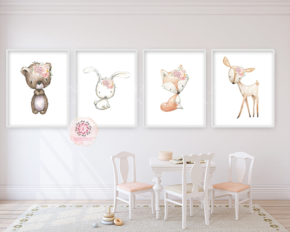 Deer Fox Bunny Rabbit Bear Wall Art Print Nursery Boho Woodland Peonies Peony Blush Bohemian Floral Baby Girl Room Set Lot Prints Printable Decor