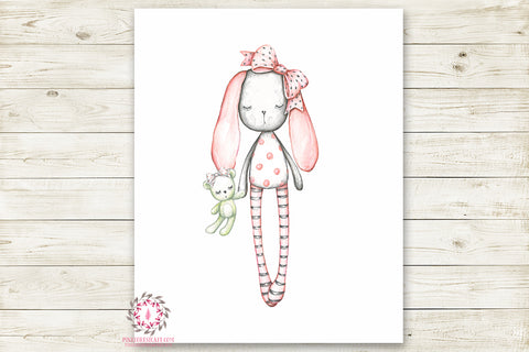 Sleepy Bunny & Bear Wall Art Print Woodland Boho Baby Nursery Printable Watercolor Decor